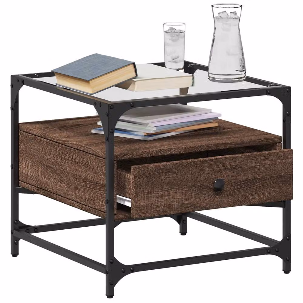 Berkfield Home Coffee Table with Glass Top in Brown Oak and Steel, W/D/H: 50 x 50 x 45 cm – 2