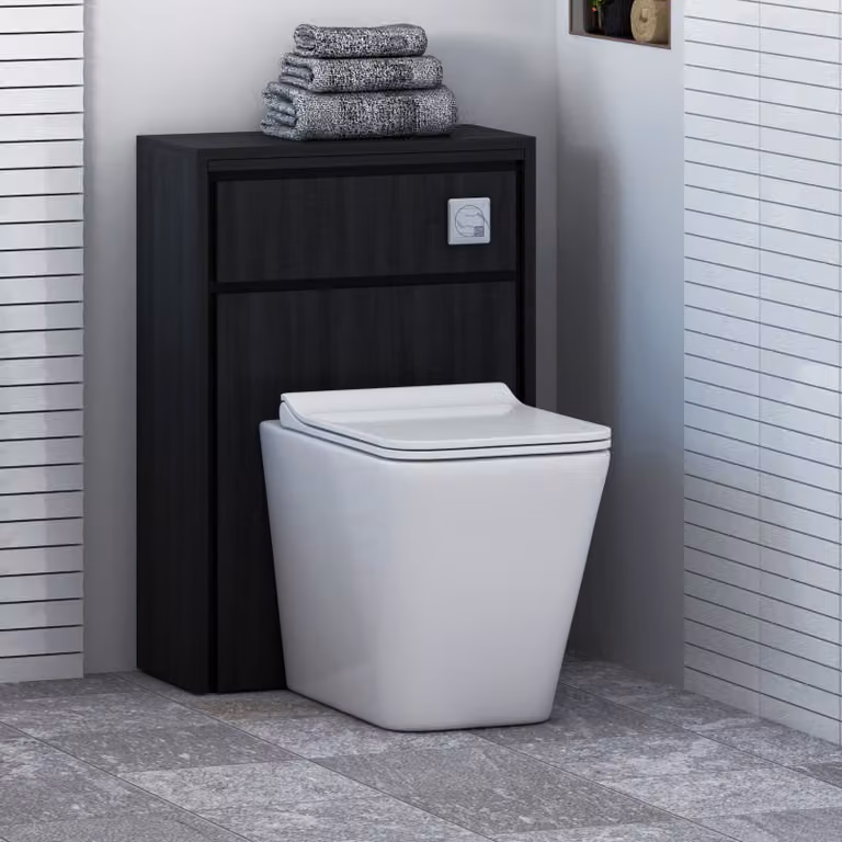 Livora Black Woodgrain Wall Mounted BTW WC Unit with Rimless Ceramic Toilet Seat and Pan