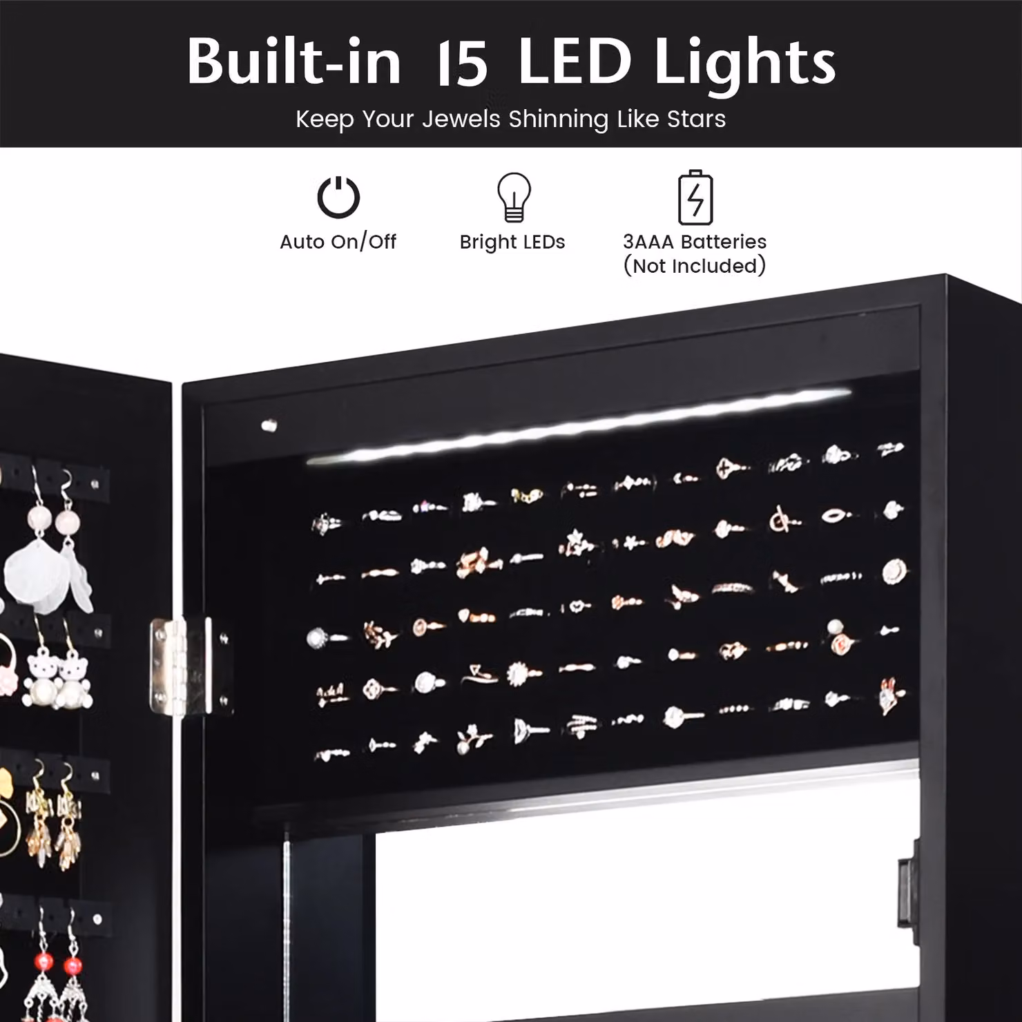 Costway Black Wall or Door Mounted Jewelry Armoire Organizer with Full-length Mirror and LED Lighting – 4