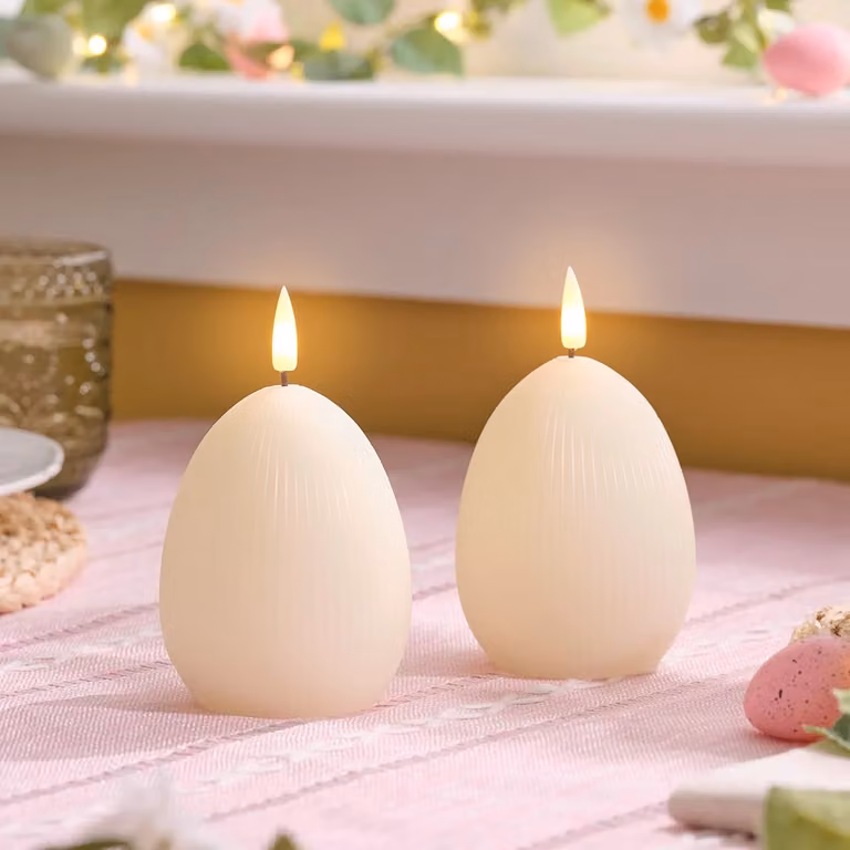 TruGlow® Ivory Ribbed LED Egg Candle Duo with Remote Control, Flicker Effect and Timer, Beige and White
