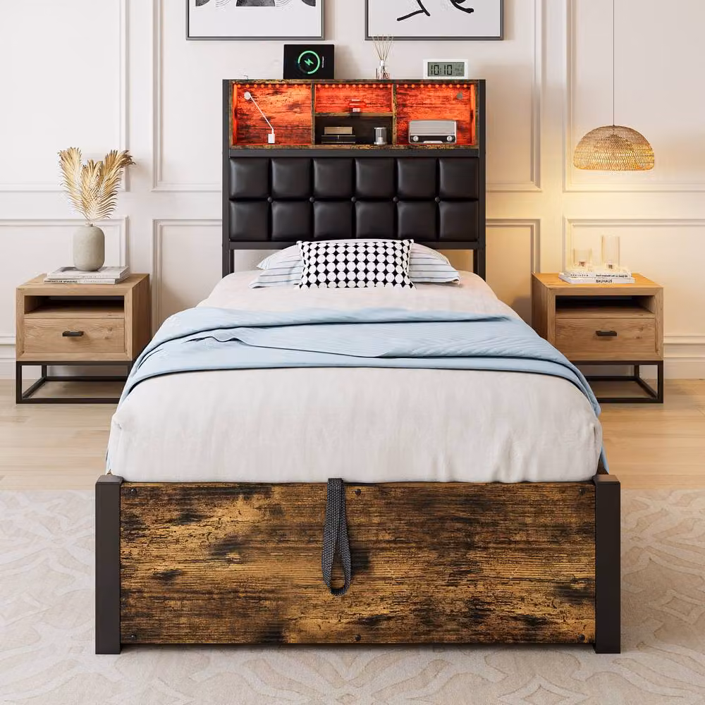 Matteo Hydraulic Storage Bed with USB Charging Ports, LED Under-Bed Lighting and Bedside Shelf, W/D/H: 90 x 190 x 107 cm, Black/Brown/Multicolour – 2