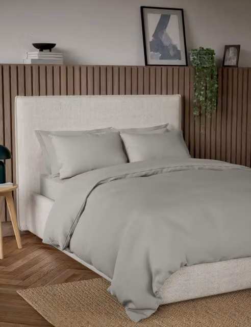 M&S Pure Cotton 300 Thread Count Bedding Set, Light Grey, W: 180 cm, L: 200 cm