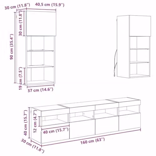 vidaXL Modern Wall Mounted TV Unit with Integrated LED Lighting in Old Wood Brown, 5 Pieces – 3