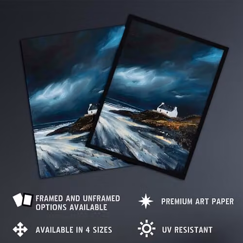 Artery8 Scottish Isle Cottage Stormy Coastal Landscape Oil Painting Framed Wall Art Print, Blue, W: 21.0 cm, H: 29.7 cm – 2