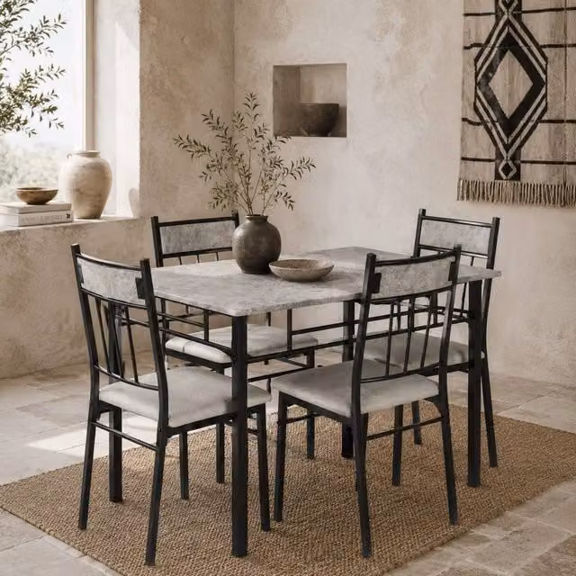 Wyld Haus Lera 5 Piece Dining Set in Grey and Black with Marble Effect Rectangular Table
