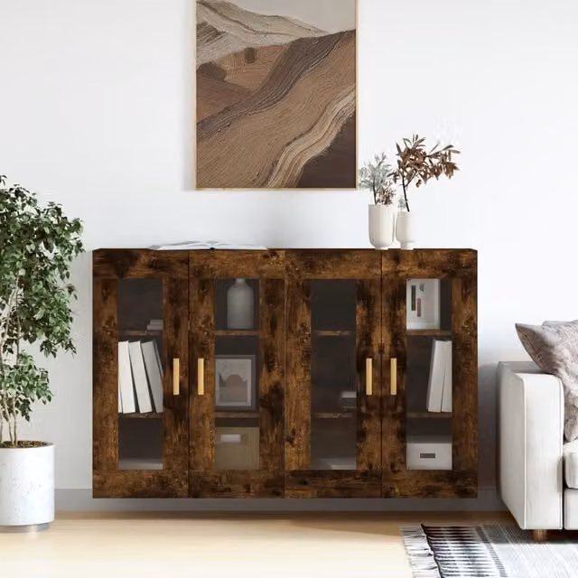 Berkfield Home Set of 2 Wall Mounted Smoked Oak Cabinets with Glass Doors in Brown – 1