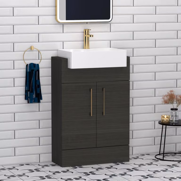 Royal Bathrooms Elena 600mm Floor Standing Vanity Unit with Semi Recessed Basin in Glossy Oak Finish
