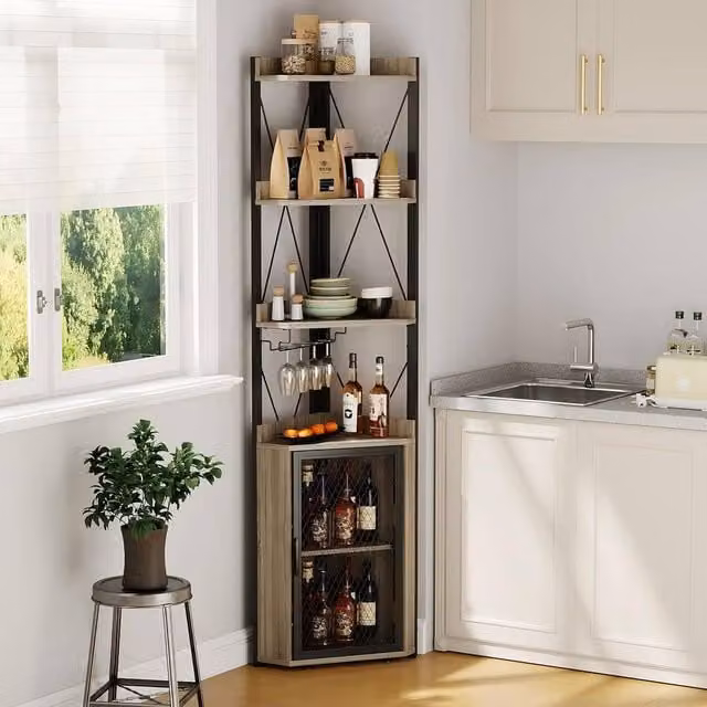 London Boutique Industrial Corner Bar Cabinet and Wine Storage Sideboard in Grey and Black with Glass Doors and Glass Holder, Height: 178 cm – 1