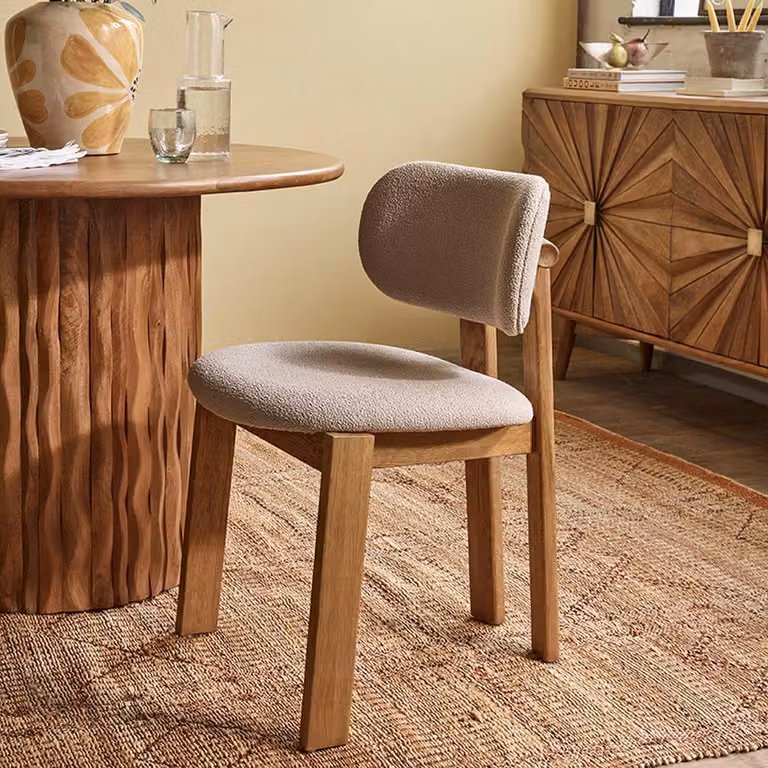 Atkin and Thyme Cora Oak Armless Dining Chair in Beige Bouclé