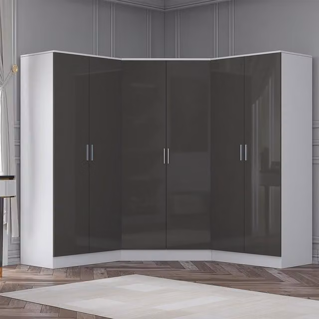 REFLECT Wardrobe Bundle featuring one Corner Unit and two 2-Door Plain Wardrobes in Grey Gloss and Matt White