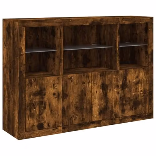 vidaXL Set of 3 Modern Smoked Oak Sideboards with Integrated LED Lighting in Brown