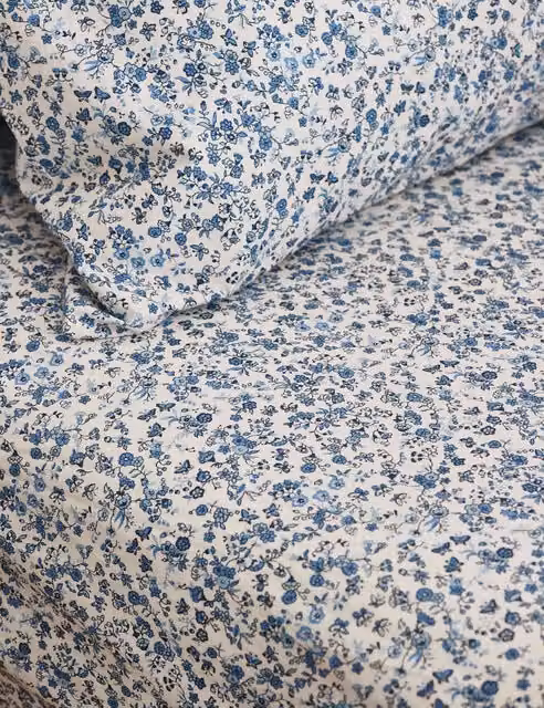 Piglet In Bed Mini Meadow Washed Cotton Fitted Sheet, Blue Mix, W/D/H: 180 x 200 cm