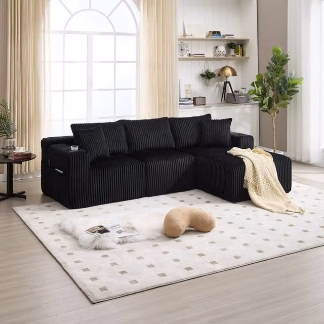 Direct Wicker Black L-Shaped Modular Sectional Sofa with 3-Seater Upholstered Fabric Cushions and Cup Holders – 1