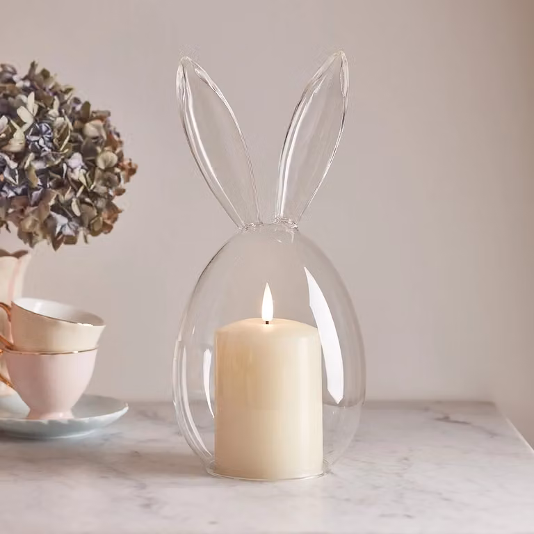 Lights4fun Clear Glass Easter Bunny Display Bell Jar Dome with TruGlow LED Flameless Pillar Candle, H 29.0 cm x W 13.8 cm x D 13.8 cm