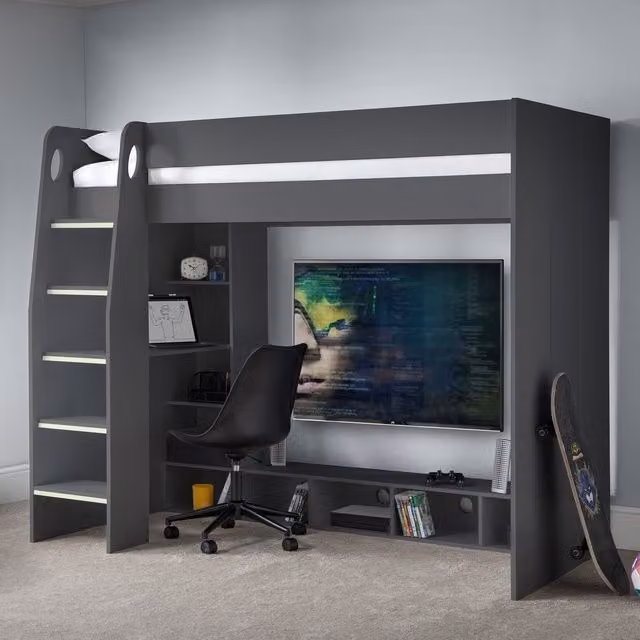 Julian Bowen Nebula Gaming Highsleeper Loft Bed with Desk in Anthracite, Single Size (90 x 200 cm)