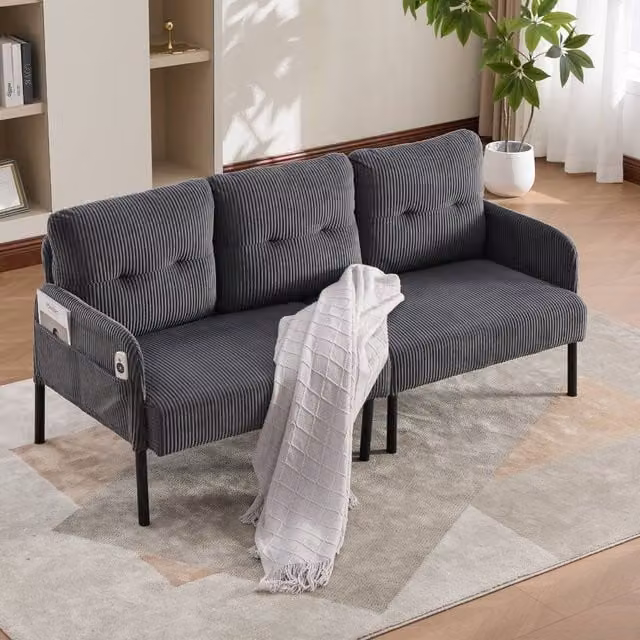Direct Wicker Oversized Corduroy Loveseat in Grey with Side Pockets and Solid Wood Frame – 1