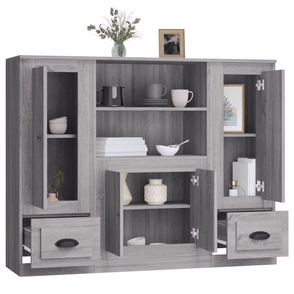 Berkfield Home Set of 3 Smoked Oak Wall Mounted Highboards in Grey – 2