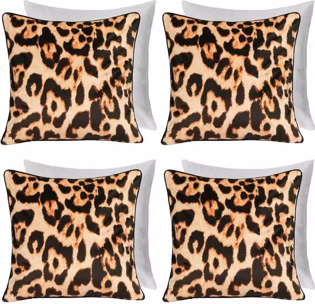 OHS Pack of 4 Brown and Multicolour Matte Velvet Leopard Print Square Filled Cushions