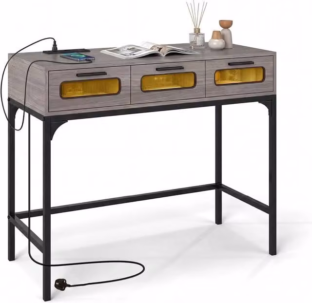 Gymax Grey Modern Metal Console Table with LED Lights, Outlets and USB Ports, W: 90 cm, H: 75 cm