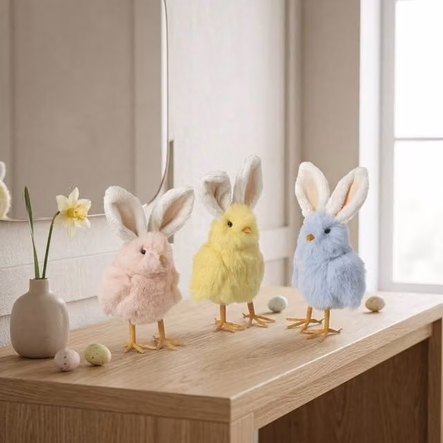 Garden Greatness Springtime Easter Fluffy Chicks with Ears in Yellow, Pink, Blue and Multicolour Textile Tabletop Decorations, 1 Pack