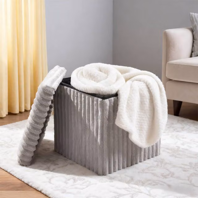 Groundlevel Grey Faux Fur Ribbed Cube Ottoman Storage Box