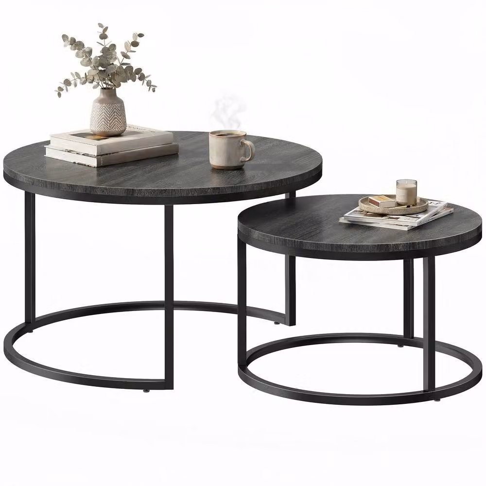 STILVORA Set of 2 Round Nesting Coffee Tables with Black Steel Frame and MDF Tops – 5