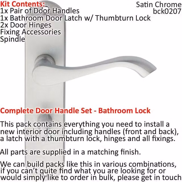 Loops Victorian Curved Arm Backplate Door Handle and Bathroom Lock Pack in Satin Chrome