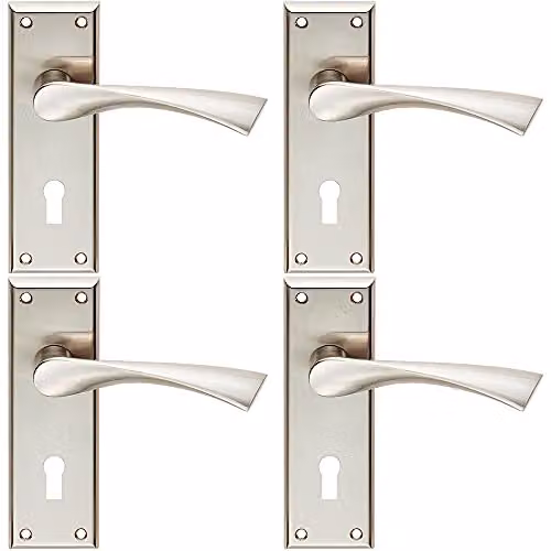 Loops 4 Pair Angular Lever on Lock Backplate Door Handles in Brushed Silver, W: 150 mm, H: 50 mm