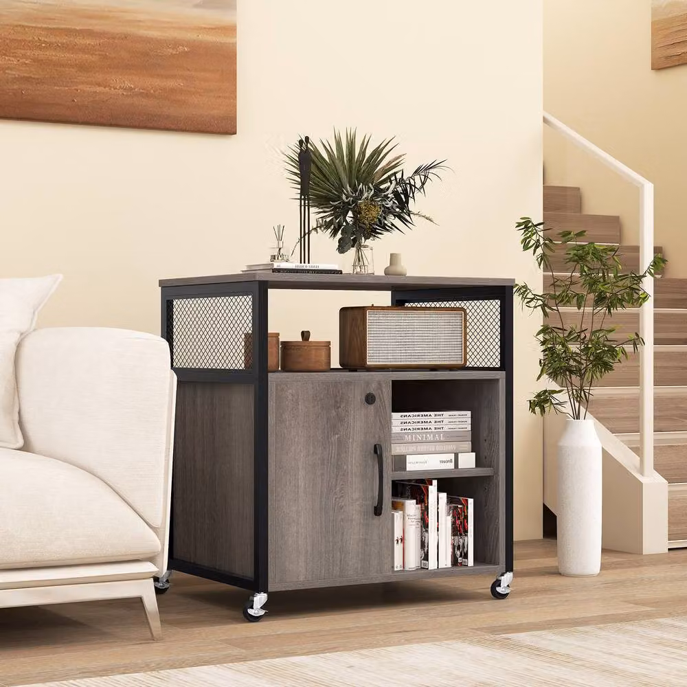Gymax Metal File Cabinet with Castors and Lock in Grey – 3