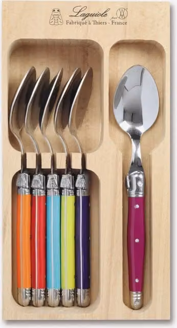 Laguiole 6 Piece Polished Stainless Steel Teaspoon Set with Brown Multicolour Wooden Tray
