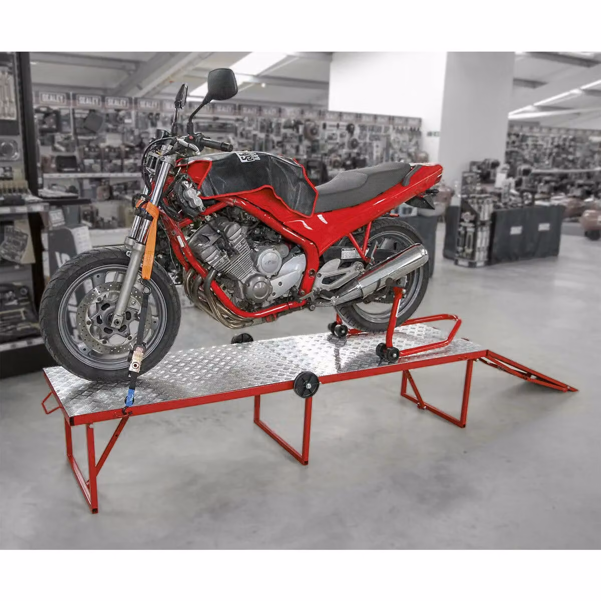 Loops Foldable and Rollable Motorcycle Workbench in Red and Multicolour with 360kg Capacity – 2