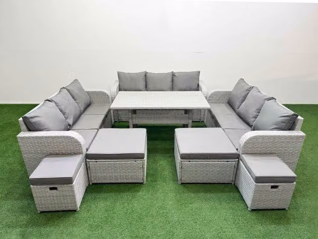 Fimous 10 Seater PE Rattan Outdoor Garden Lounge Sofa Set in Light Grey