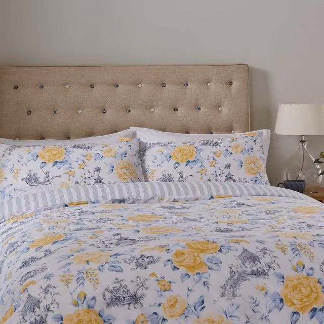 Helena Springfield Fable Mandarin Floral Kingsize Duvet Cover and Pillowcase Set, Yellow and China Blue, 180 x 200 cm