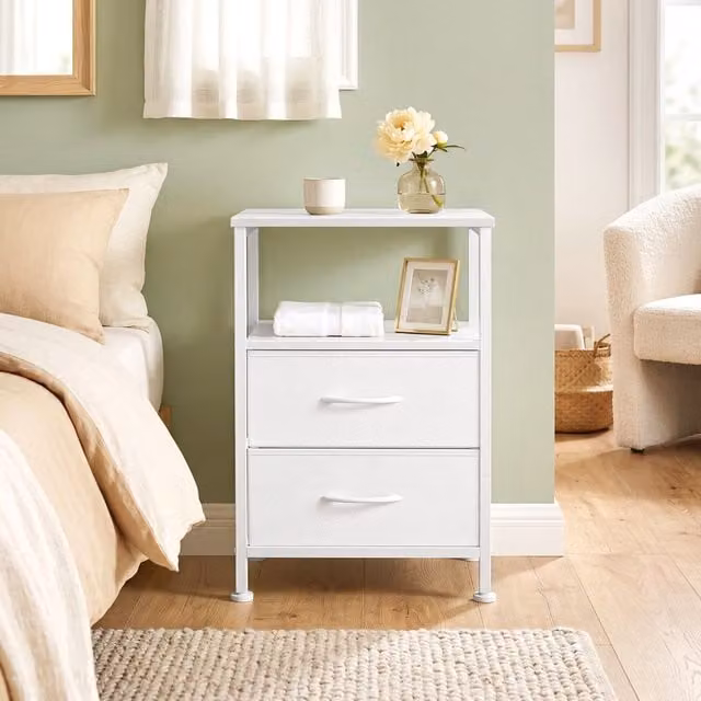 SONGMICS White Modern Bedside Table with Drawers and Shelf in Metal and MDF