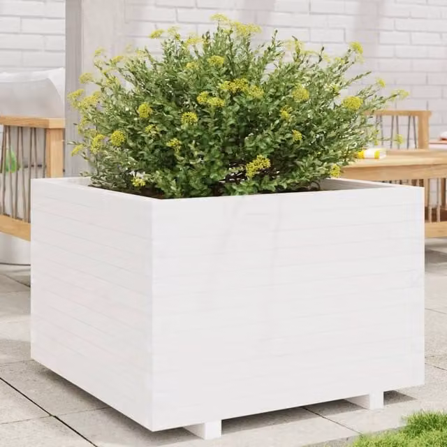 Berkfield Home White Solid Wood Pine Garden Planter Tub W: 70 cm, D: 70 cm, H: 49.5 cm