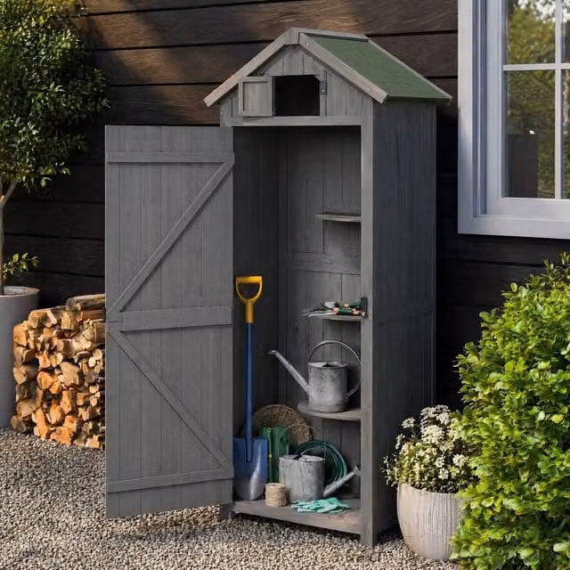 STILVORA Grey Lacquered Wood Garden Storage Cupboard with Internal Shelves and Lock