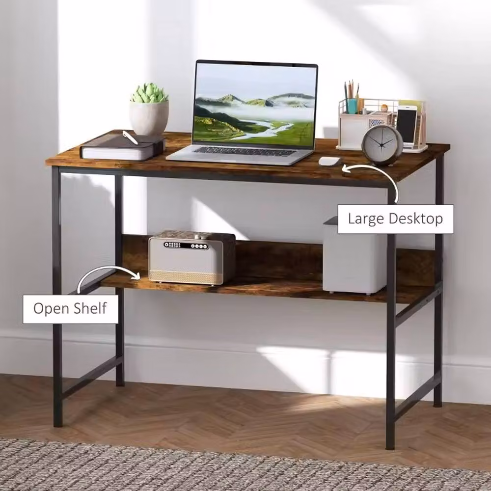 Ventryn 2-Tier Industrial Writing Computer Desk with Metal Frame and Storage in Brown – 5