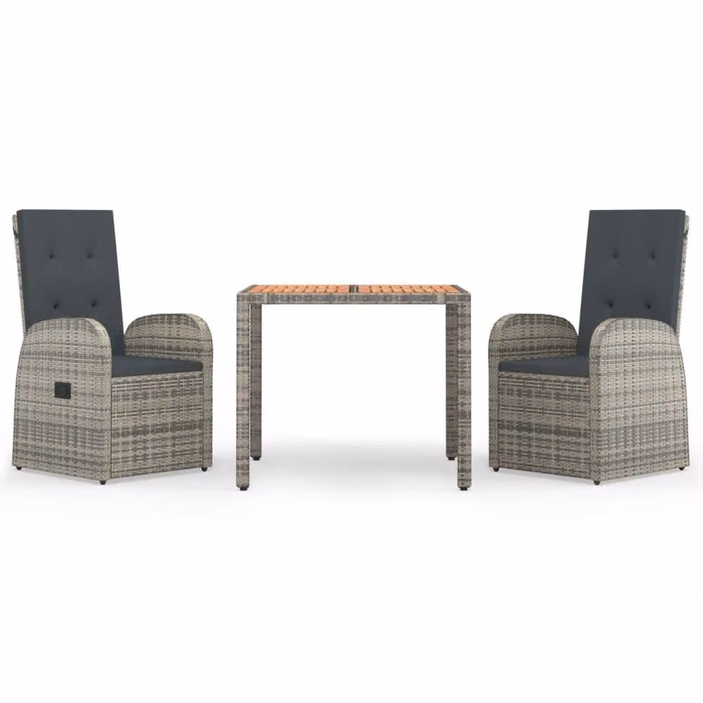 Berkfield Home 3 Piece Garden Dining Set in Grey Poly Rattan and Solid Acacia Wood – 2