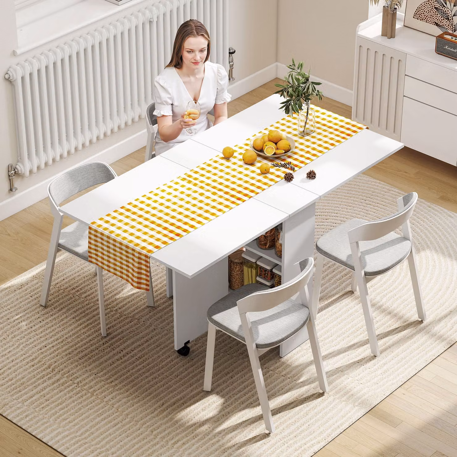 HOMCOM Mobile Drop Leaf Dining Table with Castors and Storage Shelves, White, W/D/H: 140 x 74 x 25.5 cm – 2