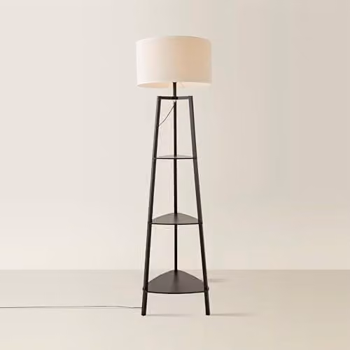 ValueLights Hiru Black 3 Tier Wood Shelf Floor Lamp with White Fabric Drum Shade – 1