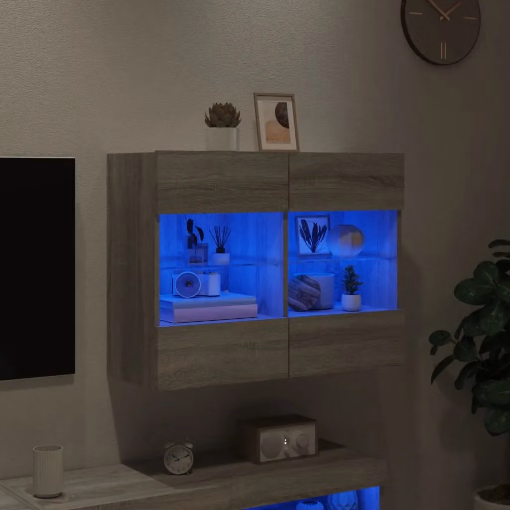 Berkfield Home Modern Wall Mounted TV Cabinet with Integrated LED Lights and Internal Shelves in Grey Sonoma, W: 78.5 cm, D: 30 cm, H: 60.5 cm – 2