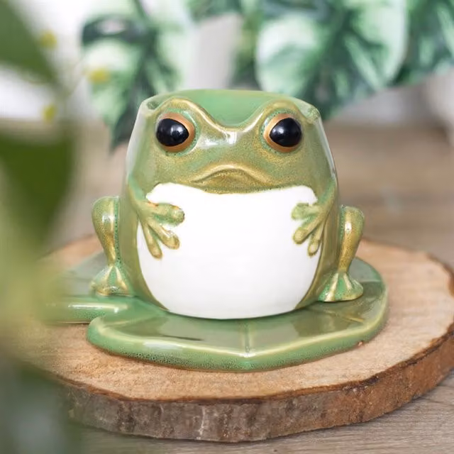 Gloriously Good Ceramic Frog Shaped Oil Burner on Lily Pad in Green
