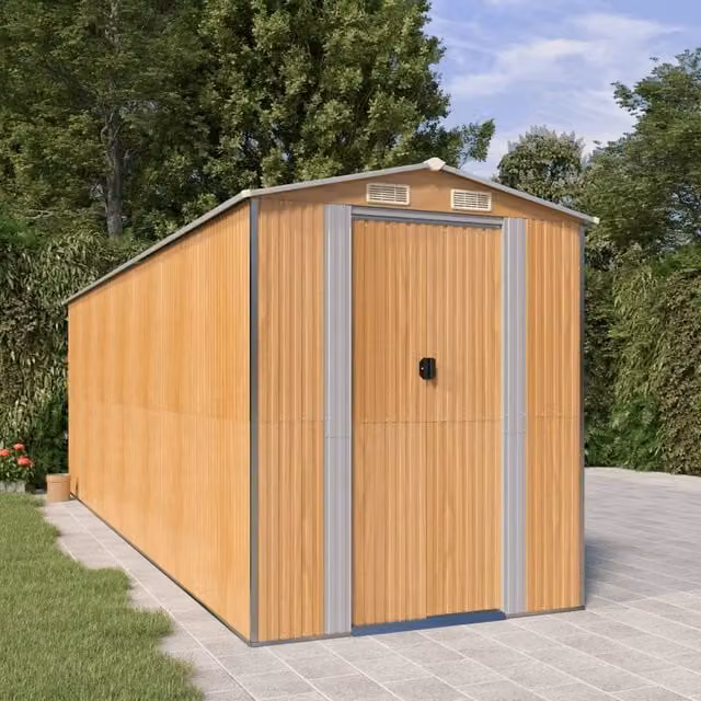 Berkfield Home Garden Shed in Light Brown, Galvanised Steel with Sliding Doors, W/D/H: 606 x 192 x 223 cm