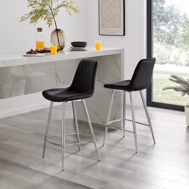 FurnitureboxUK Pesaro Set of 2 Black Velvet Counter Stools with Silver Metal Legs – 1