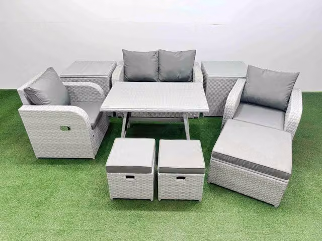Fimous PE Wicker Rattan Garden Furniture Set in Light Grey with 2-Seater Sofa, Reclining Armchair, Ottoman and Coffee Table