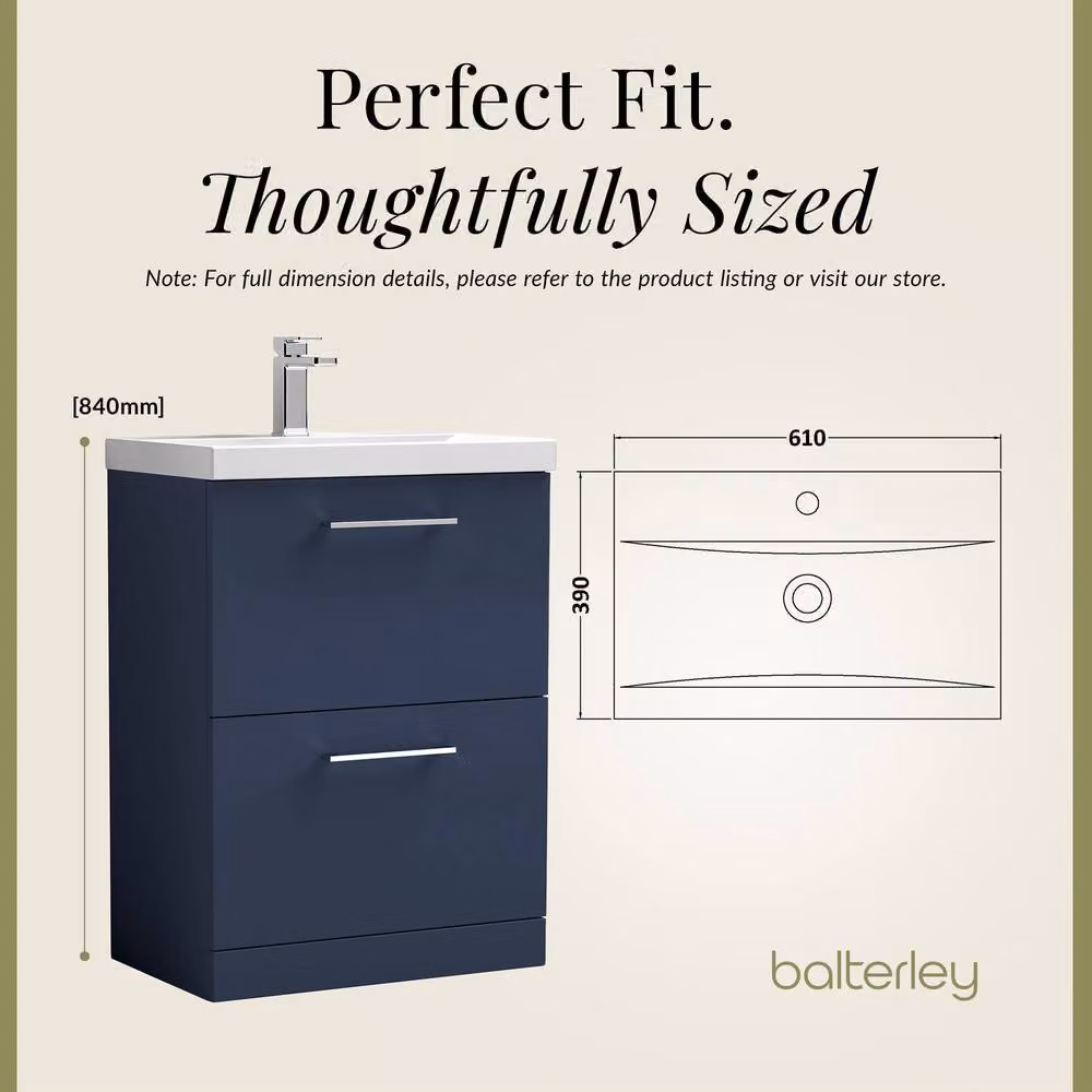 Balterley Contemporary Midnight Blue Floor Standing 2 Soft-Close Drawer Vanity Unit with Mid-Edge Ceramic Basin, W: 61 cm, D: 39 cm, H: 84 cm – 5