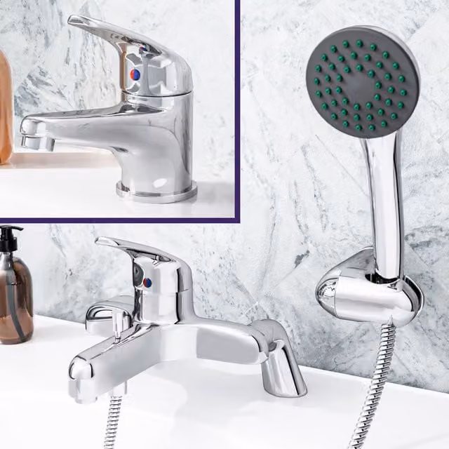Nes Home Bathroom Basin Mono Mixer Tap and Bath Shower Mixer Tap Set in Chrome Metallic Silver