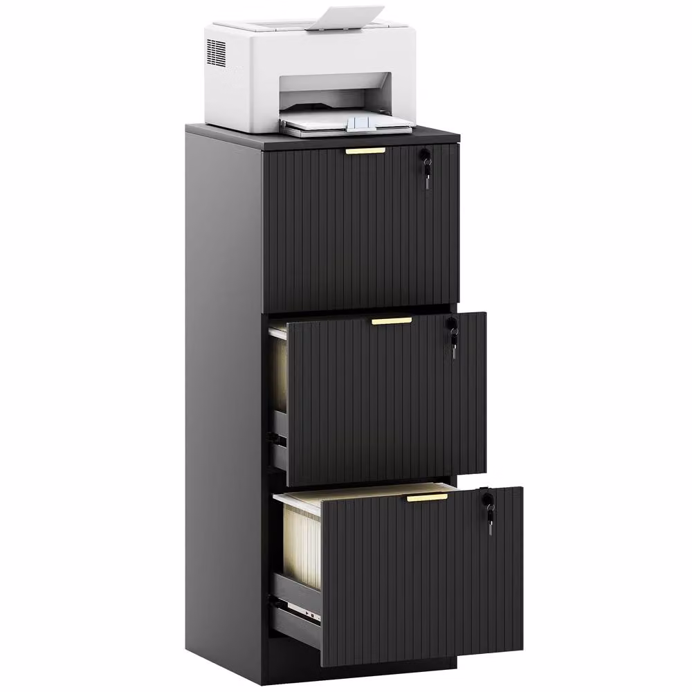 HOMCOM Black Modern File Cabinet with 3 Lockable Drawers and Hanging Rails – 2