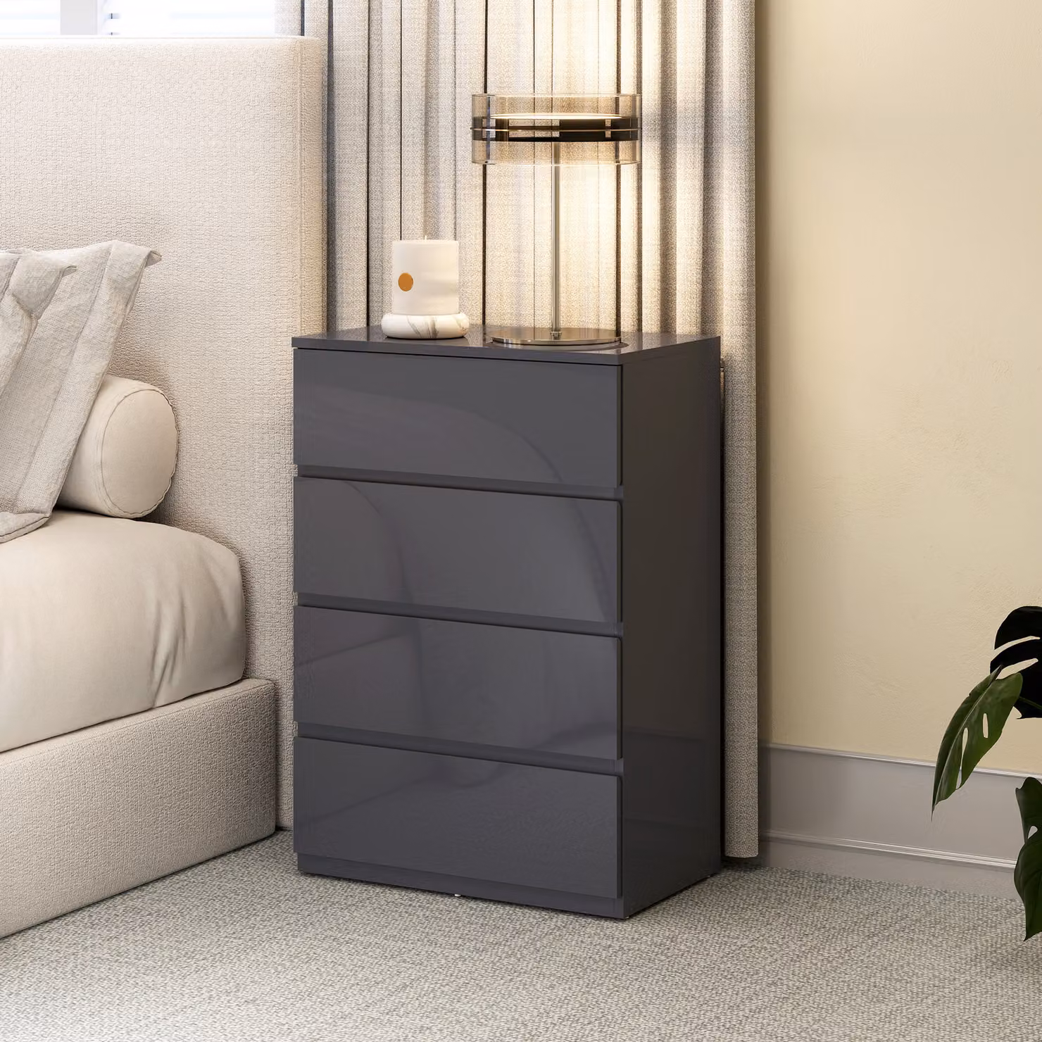 HOMCOM Grey High Gloss 4-Drawer Chest of Drawers with Soft-Close Drawers and Metal Accents – 2