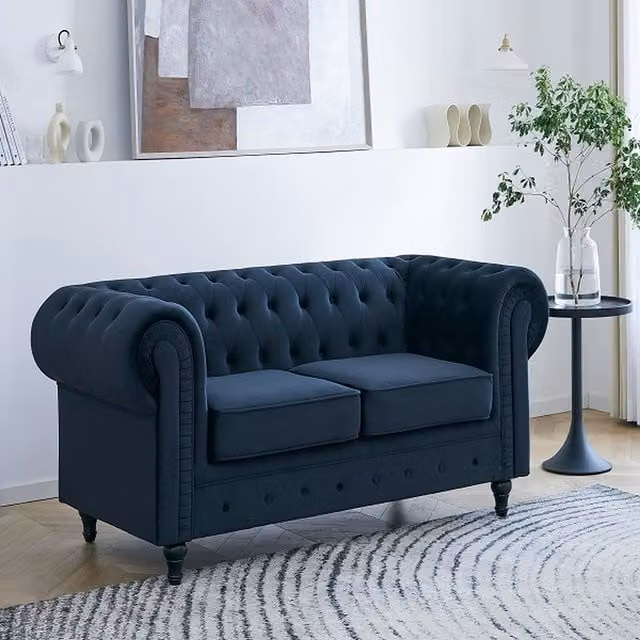 Chesterly Midnight Blue Velvet 2 Seater Chesterfield Sofa with Button Detail